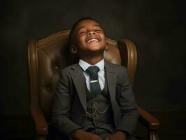 African kid in emotional dynamic pose in school AI Generative photo