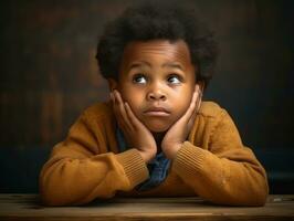 African kid in emotional dynamic pose in school AI Generative photo