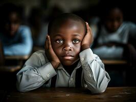 African kid in emotional dynamic pose in school AI Generative photo