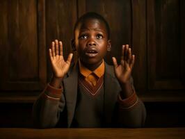 African kid in emotional dynamic pose in school AI Generative photo