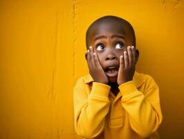 African kid in emotional dynamic pose in school AI Generative photo