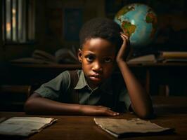 African kid in emotional dynamic pose in school AI Generative photo