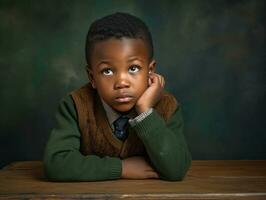 African kid in emotional dynamic pose in school AI Generative photo