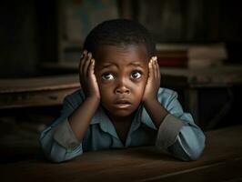 African kid in emotional dynamic pose in school AI Generative photo