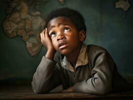 African kid in emotional dynamic pose in school AI Generative photo