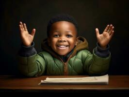 African kid in emotional dynamic pose in school AI Generative photo