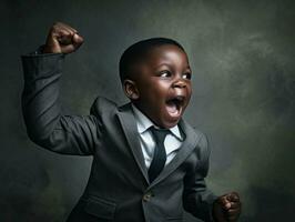 African kid in emotional dynamic pose in school AI Generative photo