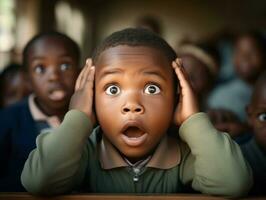 African kid in emotional dynamic pose in school AI Generative photo