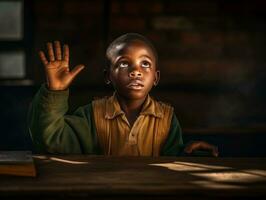 African kid in emotional dynamic pose in school AI Generative photo