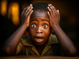 African kid in emotional dynamic pose in school AI Generative photo