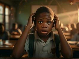 African kid in emotional dynamic pose in school AI Generative photo