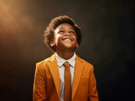 African kid in emotional dynamic pose in school AI Generative photo