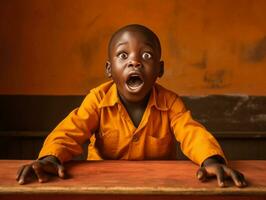 African kid in emotional dynamic pose in school AI Generative photo