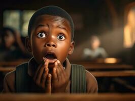 African kid in emotional dynamic pose in school AI Generative photo