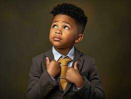 African kid in emotional dynamic pose in school AI Generative photo