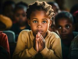 African kid in emotional dynamic pose in school AI Generative photo