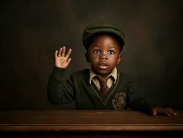 African kid in emotional dynamic pose in school AI Generative photo