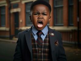 African kid in emotional dynamic pose in school AI Generative photo