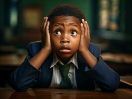 African kid in emotional dynamic pose in school AI Generative photo