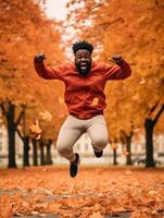 African man in emotional dynamic pose on autumn background AI Generative photo