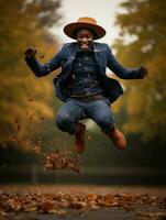 African man in emotional dynamic pose on autumn background AI Generative photo