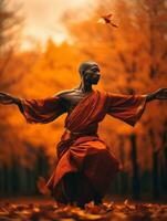 African man in emotional dynamic pose on autumn background AI Generative photo