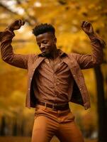 African man in emotional dynamic pose on autumn background AI Generative photo