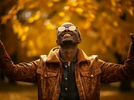 African man in emotional dynamic pose on autumn background AI Generative photo