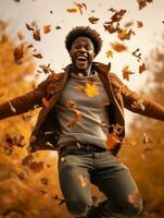 African man in emotional dynamic pose on autumn background AI Generative photo