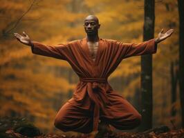 African man in emotional dynamic pose on autumn background AI Generative photo