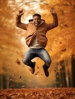 African man in emotional dynamic pose on autumn background AI Generative photo