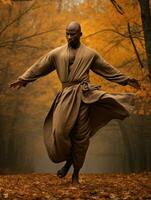 African man in emotional dynamic pose on autumn background AI Generative photo