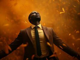 African man in emotional dynamic pose on autumn background AI Generative photo