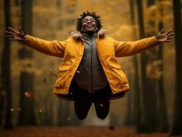 African man in emotional dynamic pose on autumn background AI Generative photo