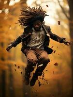 African man in emotional dynamic pose on autumn background AI Generative photo