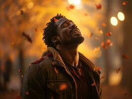 African man in emotional dynamic pose on autumn background AI Generative photo