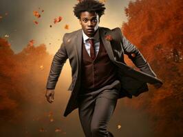 African man in emotional dynamic pose on autumn background AI Generative photo