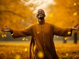 African man in emotional dynamic pose on autumn background AI Generative photo