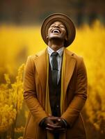 African man in emotional dynamic pose on autumn background AI Generative photo