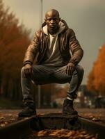 African man in emotional dynamic pose on autumn background AI Generative photo