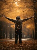 African man in emotional dynamic pose on autumn background AI Generative photo