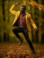 African man in emotional dynamic pose on autumn background AI Generative photo