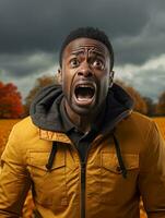 African man in emotional dynamic pose on autumn background AI Generative photo