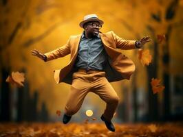 African man in emotional dynamic pose on autumn background AI Generative photo