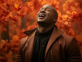 africano hombre en emocional dinámica actitud en otoño antecedentes ai generativo foto