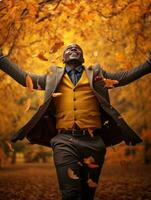 African man in emotional dynamic pose on autumn background AI Generative photo