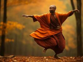 African man in emotional dynamic pose on autumn background AI Generative photo