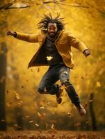 African man in emotional dynamic pose on autumn background AI Generative photo