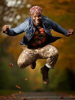 African man in emotional dynamic pose on autumn background AI Generative photo