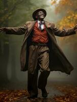 African man in emotional dynamic pose on autumn background AI Generative photo